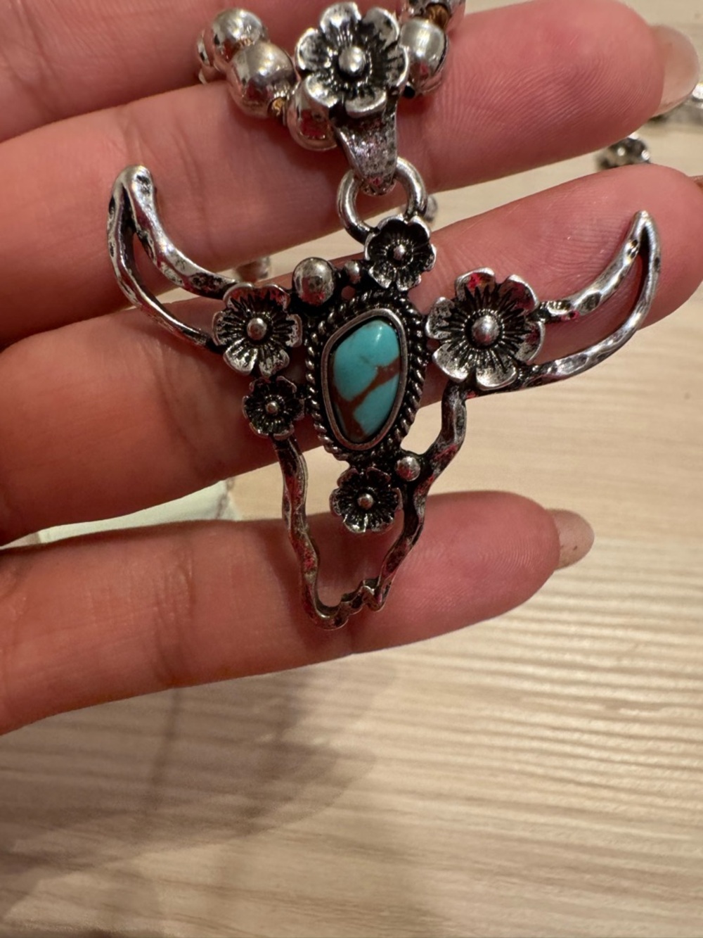 Turquoise Floral Bull Skull Pendant Necklace - Women Jewelry